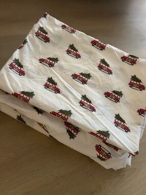 Pottery Barn WOODY CAR QUEEN SHEET SET Christmas organic cotton